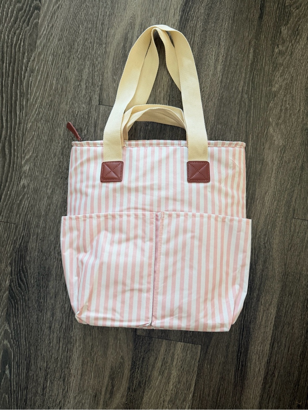 Striped Pink Canvas Tote Bag with Cream Handles